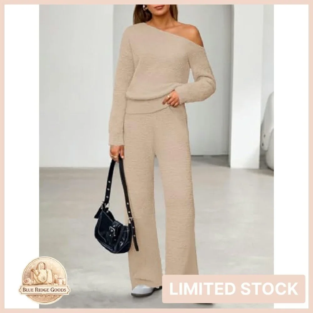 Fuzzy Fleece Off Shoulder Pajama Set Chic Loungewear Wide Leg Pants